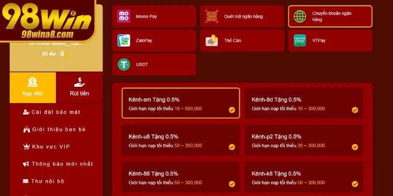 Nạp tiền 98WIN qua ngân hàng nhanh, an toàn và minh bạch